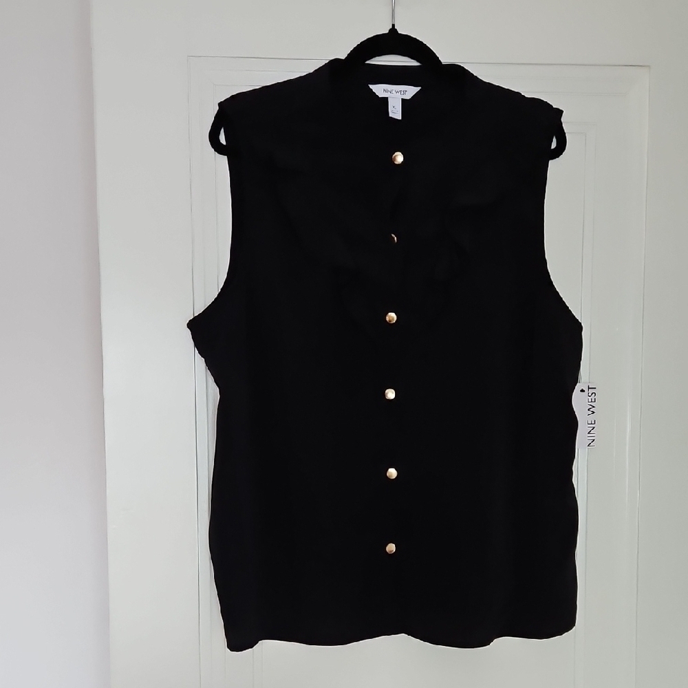 Nine West Black Sleeveless Button-Down Top with Gold-Tone Buttons